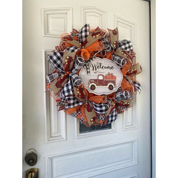 Welcome Red Truck Pumpkin Farmhouse Country Mesh Ribbon Fall Autumn Wreath - Picture 7 of 8